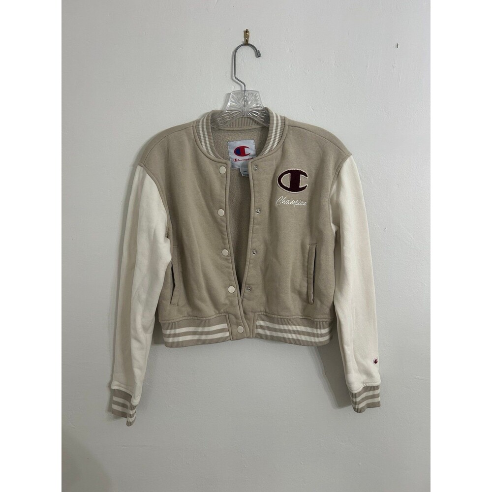 Champion Beige Cotton Bomber Jacket Button-Snap Close Kids L (14) or Adult S
